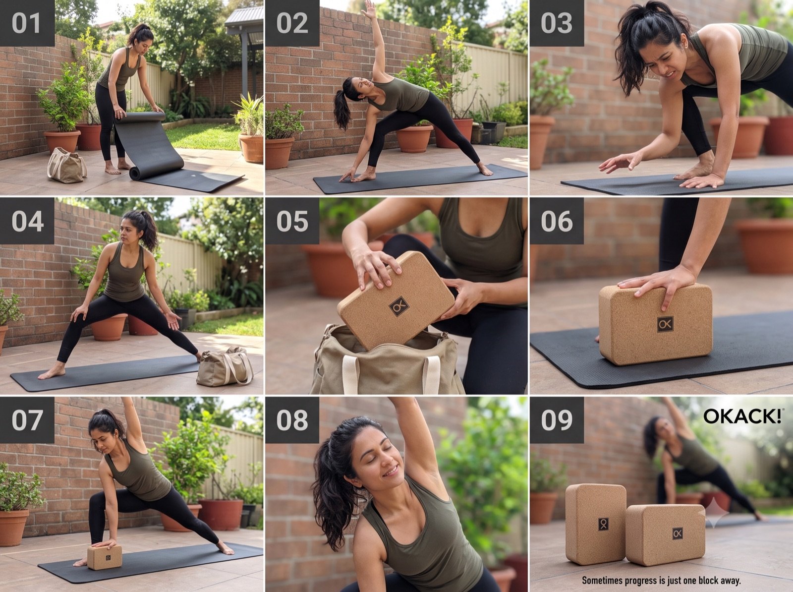Nine frames of an outdoor practice: rolling out the mat, taking a block from the bag and settling into a supported side angle pose